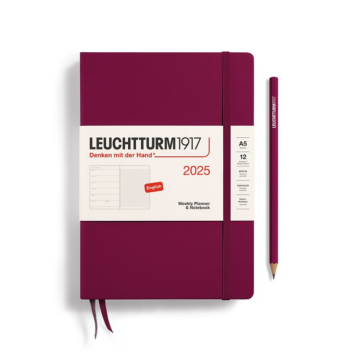 Wochenkalender & Notizbuch Medium (A5) 2025, Port Red, Englisch