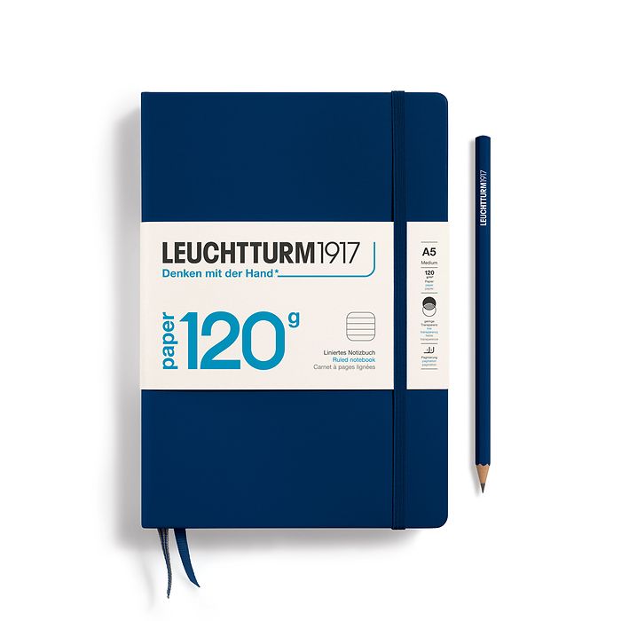 Notizbuch Medium (A5), 120g Edition, Hardcover, 203 nummerierte Seiten, Marine, liniert